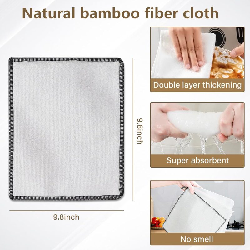 Eco Friendly Bamboo Fiber Dish Cloths 9.8x9.8 inches,White, Double Layered, Odor-Resistant Kitchen Towels for Cleaning, Washing, and Drying Multipurpose Cleaning Rags for Home Pack of 5 - Image 2