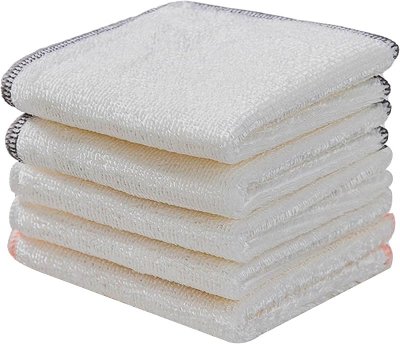 Eco Friendly Bamboo Fiber Dish Cloths 9.8x9.8 inches,White, Double Layered, Odor-Resistant Kitchen Towels for Cleaning, Washing, and Drying Multipurpose Cleaning Rags for Home Pack of 5