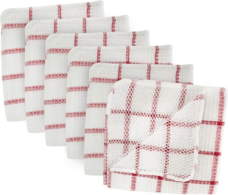 Dishcloths Collection Windowpane Dishrag Set, 12x12, White/Red Stripe, 6 Piece