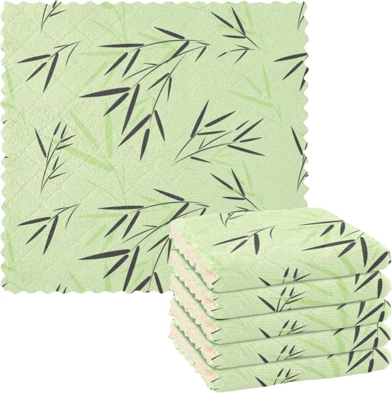 Kitchen Towels 6 Pack Dish Cloths for Washing Dishes Kitchen Towels and Dishcloths Sets Dish Towels for Kitchen Drying Microfiber Absorbent Green Bamboo Leaves