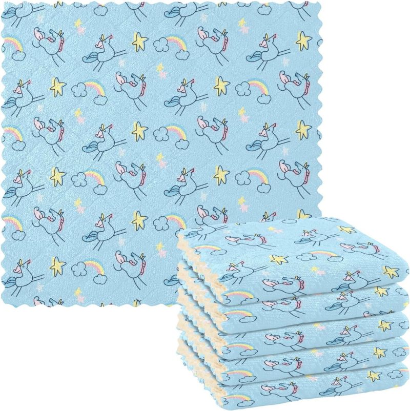 Kitchen Towels 6 Pack Dish Cloths for Washing Dishes Kitchen Towels and Dishcloths Sets Dish Towels for Kitchen Drying Microfiber Absorbent Blue Unicorn and Rainbow