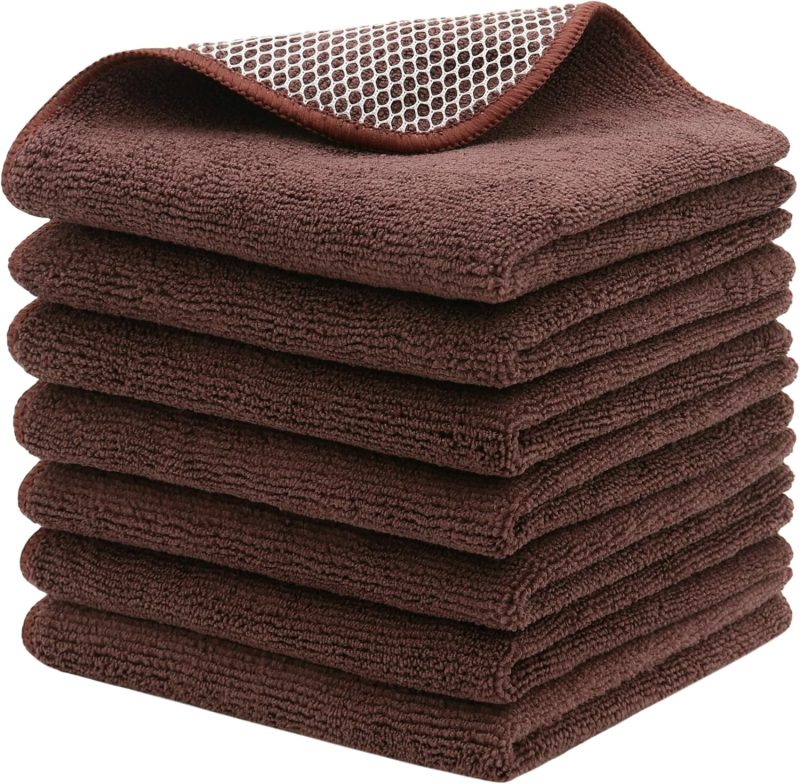 Microfiber Cleaning Cloth Fast Drying Kitchen Dish Cloths Cleaning Rags for Washing Dishes, Absorbent Lint Free Kitchen Washcloths Rags with Poly Scour Side, 12 Inch x 12 Inch (Brown)
