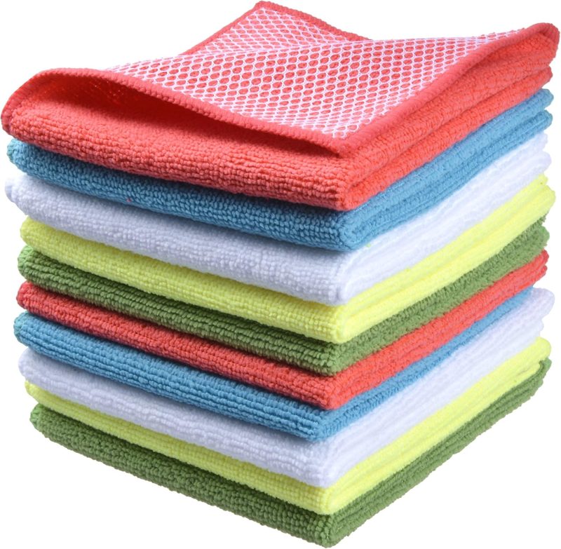 Microfiber Dish Cloth for Washing Dishes Dish Rags Best Kitchen Washcloth Cleaning Cloths with Poly Scour Side 5 Color Assorted 12inchx12inch 10pack